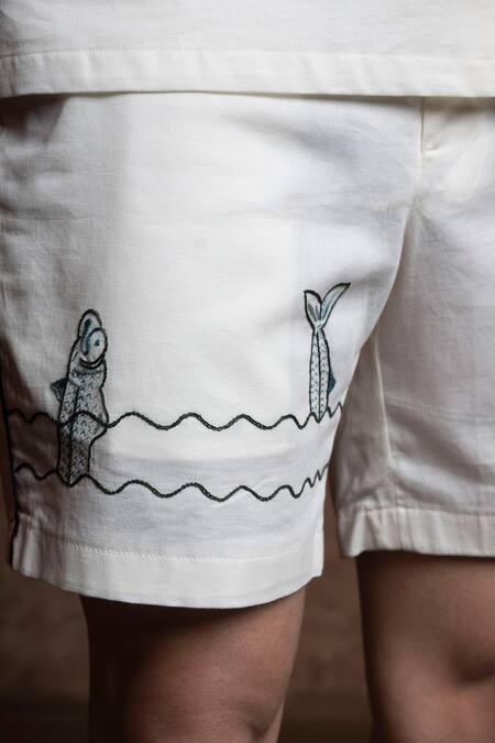 Shop Vaani Beswal Ivory Cotton Embroidery Pearl Diver Fish Shirt And Shorts Set Shop_Vaani Beswal_Ivory Cotton Embroidery Pearl Diver Fish Shirt And Shorts Set