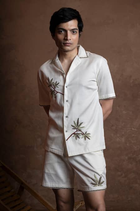 Vaani Beswal Ivory Cotton Embroidery, Piping Cabana Shirt And Shorts Set Online at Aza Fashions Vaani Beswal_Ivory Cotton Embroidery, Piping Cabana Shirt And Shorts Set _Online_at_Aza_Fashions