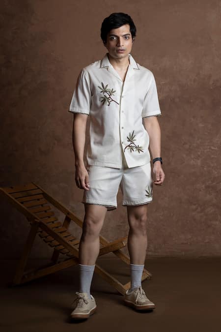 Shop Vaani Beswal Ivory Cotton Embroidery, Piping Cabana Shirt And Shorts Set Online at Aza Fashions Shop_Vaani Beswal_Ivory Cotton Embroidery, Piping Cabana Shirt And Shorts Set _Online_at_Aza_Fashions