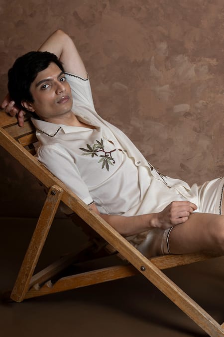 Buy Vaani Beswal Ivory Cotton Embroidery, Piping Cabana Shirt And Shorts Set Buy_Vaani Beswal_Ivory Cotton Embroidery, Piping Cabana Shirt And Shorts Set