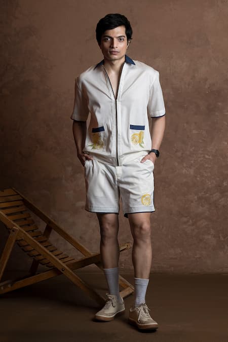 Vaani Beswal Ivory Cotton Embroidery, Piping Citrus Crush Lemon Motif Shirt And Shorts Set Online at Aza Fashions Vaani Beswal_Ivory Cotton Embroidery, Piping Citrus Crush Lemon Motif Shirt And Shorts Set _Online_at_Aza_Fashions