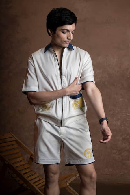 Buy Vaani Beswal Ivory Cotton Embroidery, Piping Citrus Crush Lemon Motif Shirt And Shorts Set Online at Aza Fashions Buy_Vaani Beswal_Ivory Cotton Embroidery, Piping Citrus Crush Lemon Motif Shirt And Shorts Set _Online_at_Aza_Fashions