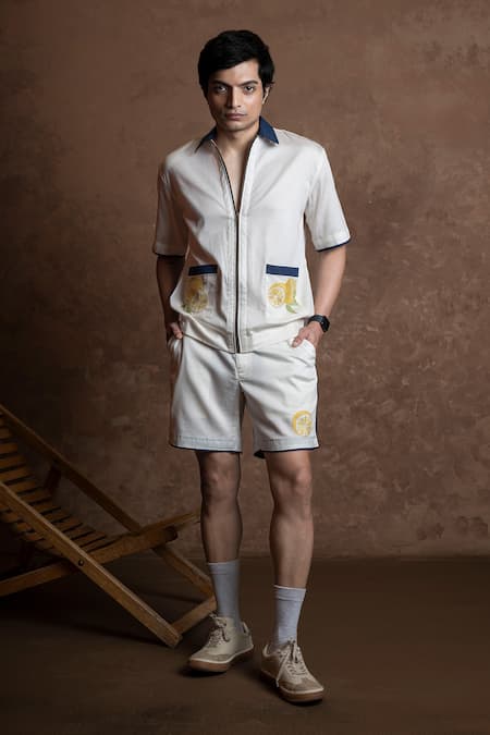 Shop Vaani Beswal Ivory Cotton Embroidery, Piping Citrus Crush Lemon Motif Shirt And Shorts Set Online at Aza Fashions Shop_Vaani Beswal_Ivory Cotton Embroidery, Piping Citrus Crush Lemon Motif Shirt And Shorts Set _Online_at_Aza_Fashions