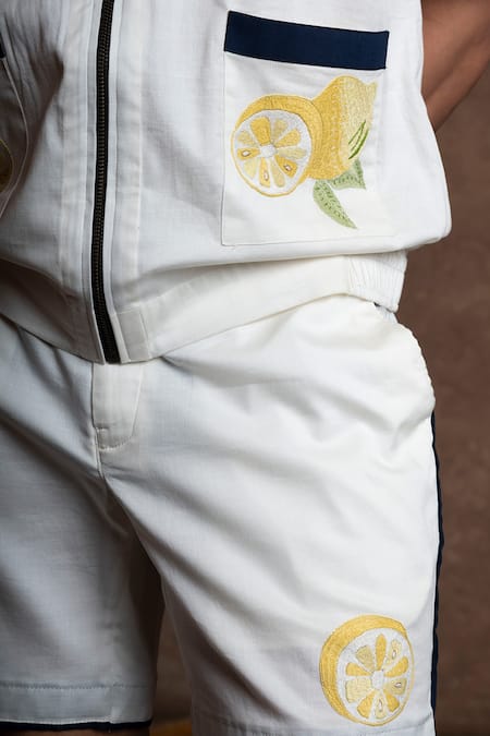 Vaani Beswal Ivory Cotton Embroidery, Piping Citrus Crush Lemon Motif Shirt And Shorts Set at Aza Fashions Vaani Beswal_Ivory Cotton Embroidery, Piping Citrus Crush Lemon Motif Shirt And Shorts Set _at_Aza_Fashions