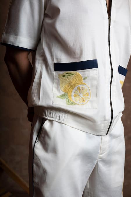 Buy Vaani Beswal Ivory Cotton Embroidery, Piping Citrus Crush Lemon Motif Shirt And Shorts Set Buy_Vaani Beswal_Ivory Cotton Embroidery, Piping Citrus Crush Lemon Motif Shirt And Shorts Set