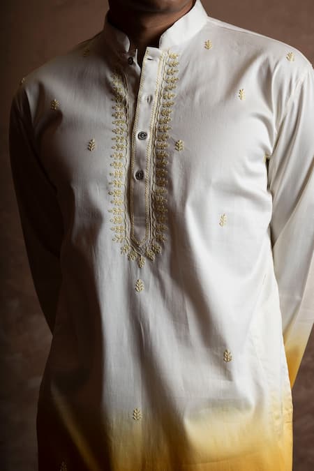 Shop_Vaani Beswal_Yellow Cotton Embroidery Bouquet Ombre Self Kurta 