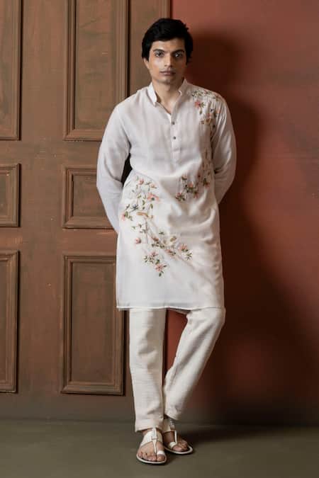 Vaani Beswal Sparrow Floral Bird Embroidered Mandarin Collar Kurta