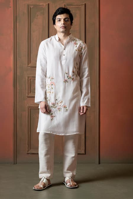 Shop_Vaani Beswal_Ivory Muslin Embroidery Sparrow Floral Bird Mandarin Collar Kurta _Online_at_Aza_Fashions