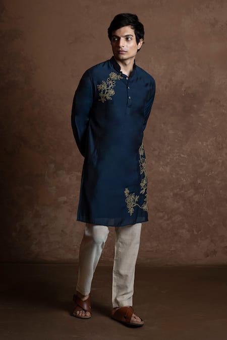 Buy Vaani Beswal Navy Muslin Embroidery Flora Straight Kurta Online at Aza Fashions Buy_Vaani Beswal_Navy Muslin Embroidery Flora Straight Kurta _Online_at_Aza_Fashions