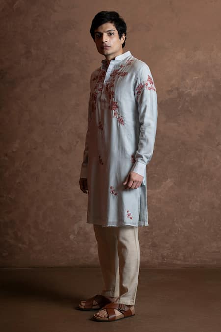 Vaani Beswal Sky Blue Muslin Embroidery Gulbahar Floral Kurta Online at Aza Fashions Vaani Beswal_Sky Blue Muslin Embroidery Gulbahar Floral Kurta _Online_at_Aza_Fashions