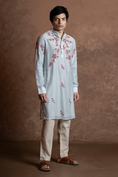 Buy Vaani Beswal Sky Blue Muslin Embroidery Gulbahar Floral Kurta Online at Aza Fashions Buy_Vaani Beswal_Sky Blue Muslin Embroidery Gulbahar Floral Kurta _Online_at_Aza_Fashions