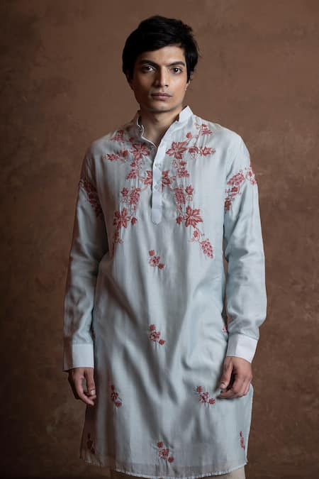 Shop Vaani Beswal Sky Blue Muslin Embroidery Gulbahar Floral Kurta Online at Aza Fashions Shop_Vaani Beswal_Sky Blue Muslin Embroidery Gulbahar Floral Kurta _Online_at_Aza_Fashions