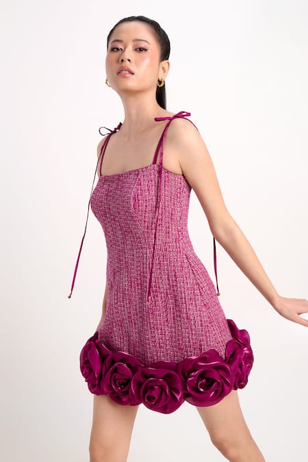 Verano By Tanya Magenta Tweed, Organza, Crepe Applique Square Neck Alice Short Dress Online at Aza Fashions Verano By Tanya_Magenta Tweed, Organza, Crepe Applique Square Neck Alice Short Dress _Online_at_Aza_Fashions