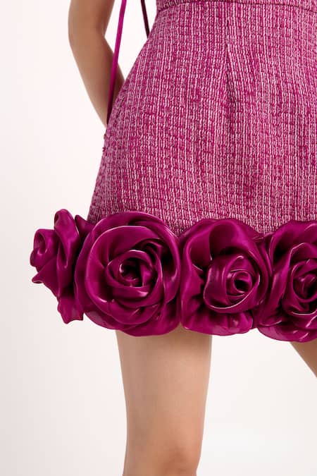 Shop Verano By Tanya Magenta Tweed, Organza, Crepe Applique Square Neck Alice Short Dress Online at Aza Fashions Shop_Verano By Tanya_Magenta Tweed, Organza, Crepe Applique Square Neck Alice Short Dress _Online_at_Aza_Fashions