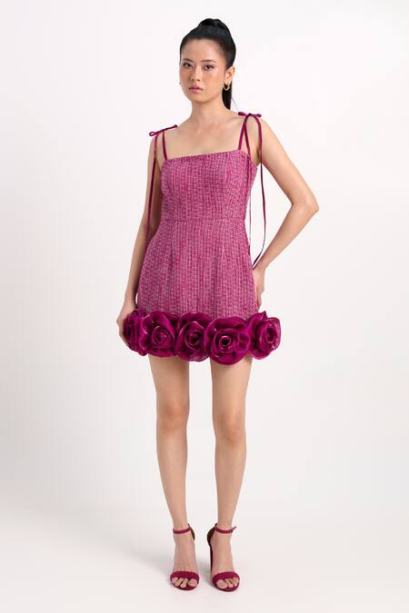 Verano By Tanya Magenta Tweed, Organza, Crepe Applique Square Neck Alice Short Dress at Aza Fashions Verano By Tanya_Magenta Tweed, Organza, Crepe Applique Square Neck Alice Short Dress _at_Aza_Fashions