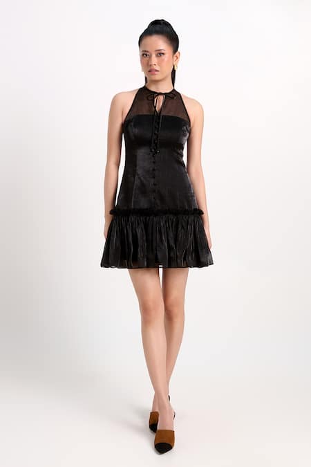 Verano By Tanya Black Organza, Crepe Ruffles Halter Neck Athena Short Dress at Aza Fashions Verano By Tanya_Black Organza, Crepe Ruffles Halter Neck Athena Short Dress _at_Aza_Fashions