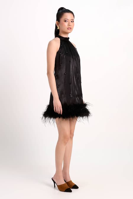 Verano By Tanya_Black Organza, Crepe Beads, Feathers Halter Neck Trinity Short Dress _Online_at_Aza_Fashions