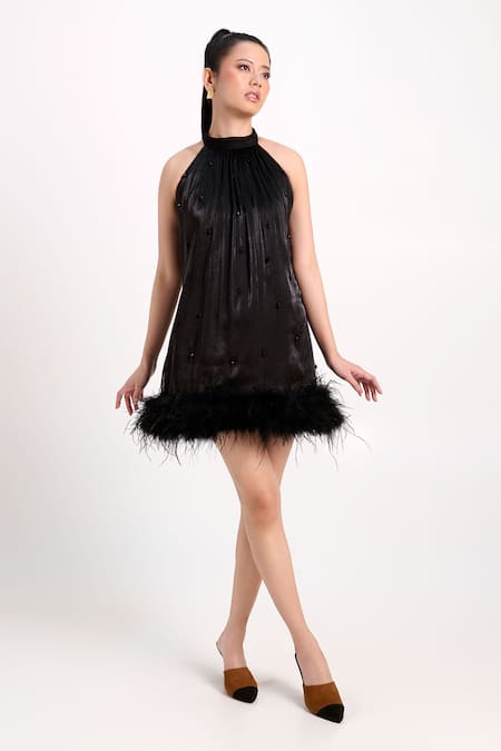 Buy_Verano By Tanya_Black Organza, Crepe Beads, Feathers Halter Neck Trinity Short Dress _Online_at_Aza_Fashions