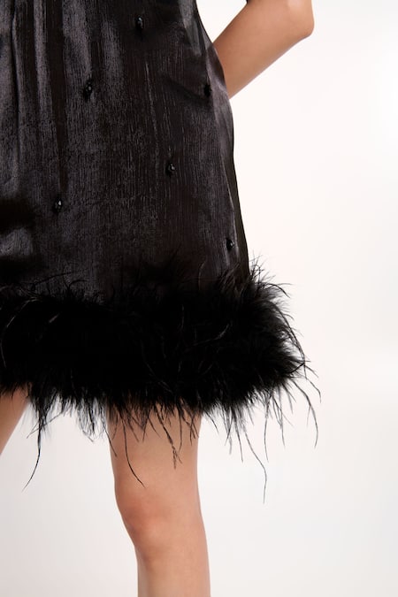 Verano By Tanya_Black Organza, Crepe Beads, Feathers Halter Neck Trinity Short Dress _at_Aza_Fashions