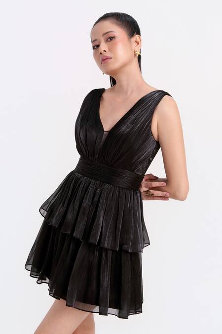 Verano By Tanya_Black Organza, Crepe V-neck Athena Short Dress _Online_at_Aza_Fashions