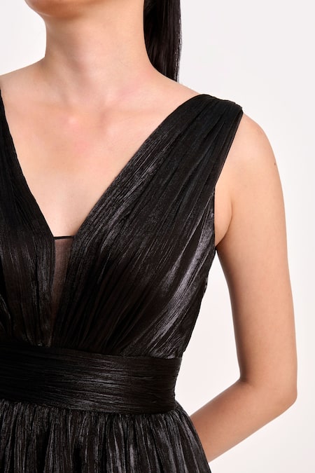 Buy_Verano By Tanya_Black Organza, Crepe V-neck Athena Short Dress _Online_at_Aza_Fashions