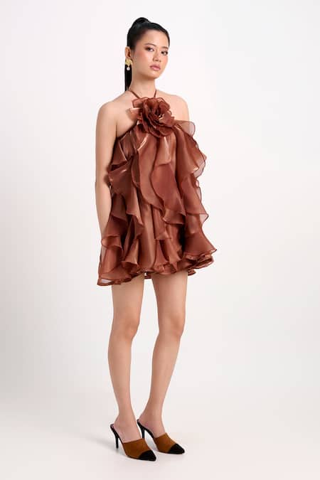 Verano By Tanya Brown Organza, Crepe Fabric Flowers Halter Neck Claire Ruffle Dress Online at Aza Fashions Verano By Tanya_Brown Organza, Crepe Fabric Flowers Halter Neck Claire Ruffle Dress _Online_at_Aza_Fashions