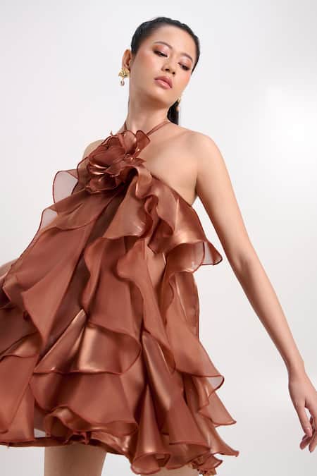 Buy Verano By Tanya Brown Organza, Crepe Fabric Flowers Halter Neck Claire Ruffle Dress Online at Aza Fashions Buy_Verano By Tanya_Brown Organza, Crepe Fabric Flowers Halter Neck Claire Ruffle Dress _Online_at_Aza_Fashions