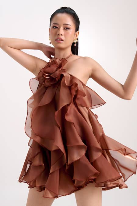 Shop Verano By Tanya Brown Organza, Crepe Fabric Flowers Halter Neck Claire Ruffle Dress Online at Aza Fashions Shop_Verano By Tanya_Brown Organza, Crepe Fabric Flowers Halter Neck Claire Ruffle Dress _Online_at_Aza_Fashions