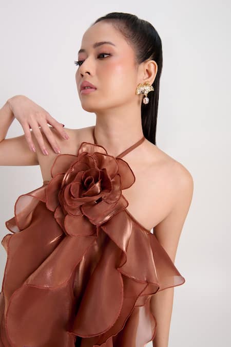 Verano By Tanya Brown Organza, Crepe Fabric Flowers Halter Neck Claire Ruffle Dress at Aza Fashions Verano By Tanya_Brown Organza, Crepe Fabric Flowers Halter Neck Claire Ruffle Dress _at_Aza_Fashions