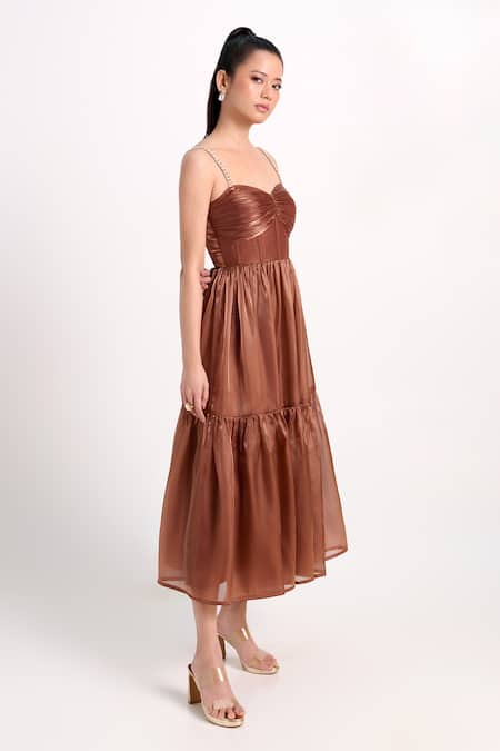 Verano By Tanya_Brown Organza, Crepe Pearls, Crystals Sweetheart Neck Claire Midi Tiered Dress _Online_at_Aza_Fashions