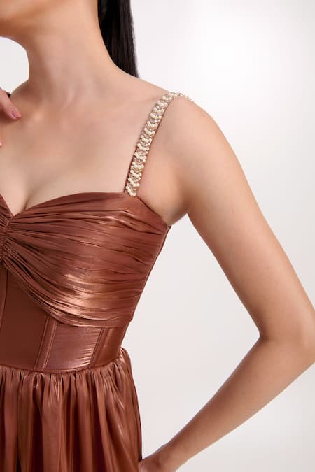 Buy_Verano By Tanya_Brown Organza, Crepe Pearls, Crystals Sweetheart Neck Claire Midi Tiered Dress _Online_at_Aza_Fashions