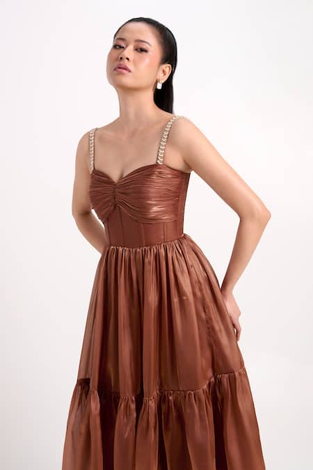 Shop_Verano By Tanya_Brown Organza, Crepe Pearls, Crystals Sweetheart Neck Claire Midi Tiered Dress _Online_at_Aza_Fashions