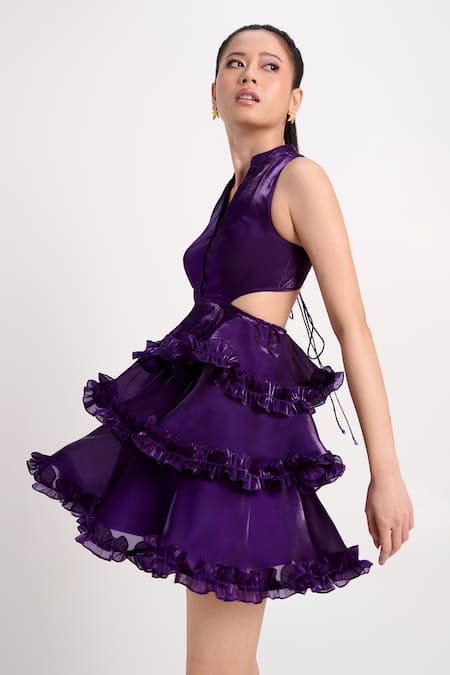 Buy_Verano By Tanya_Purple Organza Crystals High Neck, Blake Short Dress _Online_at_Aza_Fashions