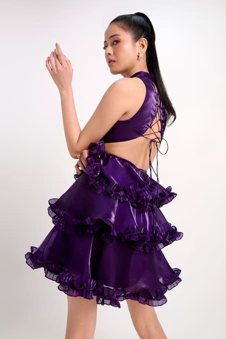 Shop_Verano By Tanya_Purple Organza Crystals High Neck, Blake Short Dress _Online_at_Aza_Fashions