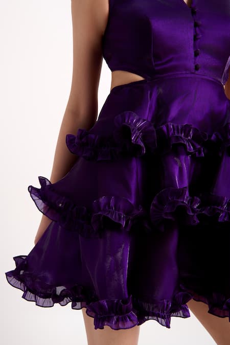 Verano By Tanya_Purple Organza Crystals High Neck, Blake Short Dress _at_Aza_Fashions