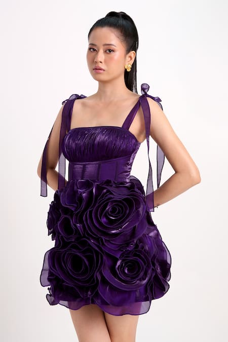 Verano By Tanya_Purple Organza, Crepe Applique Square Neck Blake Short Dress _at_Aza_Fashions