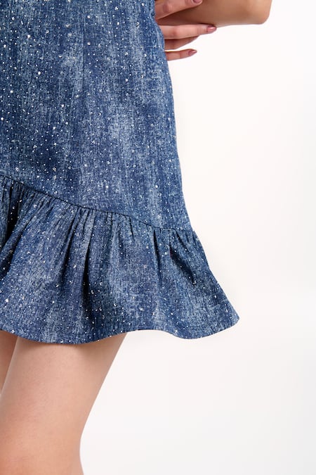 Verano By Tanya_Blue Denim Rhinestones, Stones Bandeau Neck Olivia Dress _at_Aza_Fashions