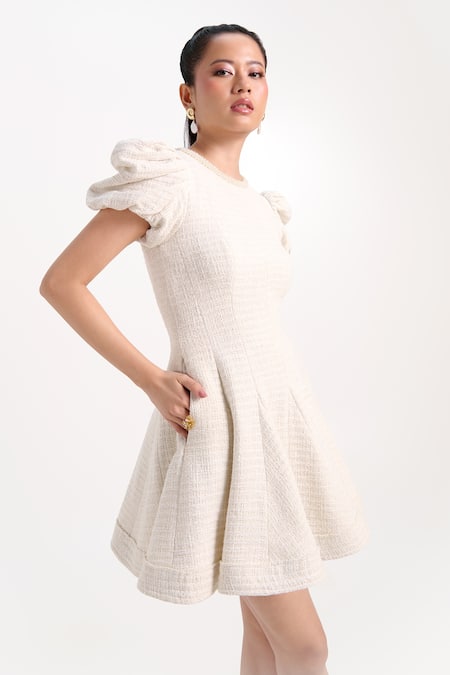 Verano By Tanya_White Tweed Pearls Round Neck Madison Short Dress _Online_at_Aza_Fashions