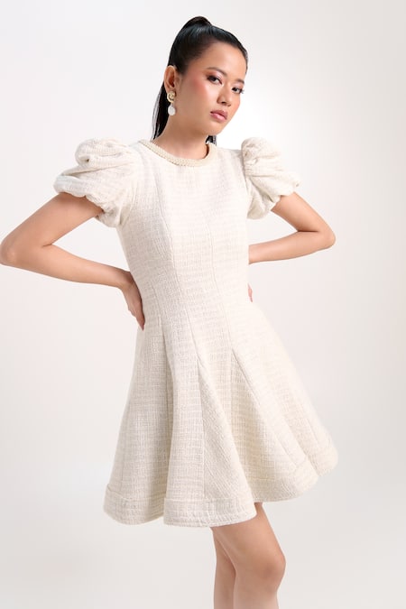 Shop_Verano By Tanya_White Tweed Pearls Round Neck Madison Short Dress _Online_at_Aza_Fashions