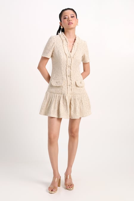 Verano By Tanya Cream Tweed Sequins, Rhinestones V-neck Grace Short Dress Online at Aza Fashions Verano By Tanya_Cream Tweed Sequins, Rhinestones V-neck Grace Short Dress _Online_at_Aza_Fashions