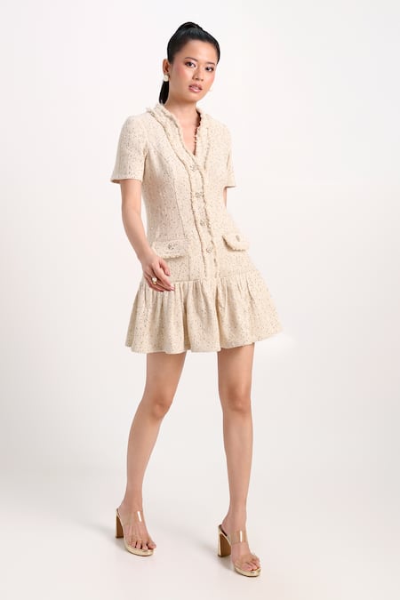 Buy Verano By Tanya Cream Tweed Sequins, Rhinestones V-neck Grace Short Dress Online at Aza Fashions Buy_Verano By Tanya_Cream Tweed Sequins, Rhinestones V-neck Grace Short Dress _Online_at_Aza_Fashions