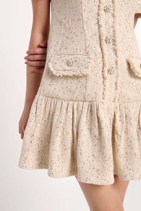 Shop Verano By Tanya Cream Tweed Sequins, Rhinestones V-neck Grace Short Dress Online at Aza Fashions Shop_Verano By Tanya_Cream Tweed Sequins, Rhinestones V-neck Grace Short Dress _Online_at_Aza_Fashions