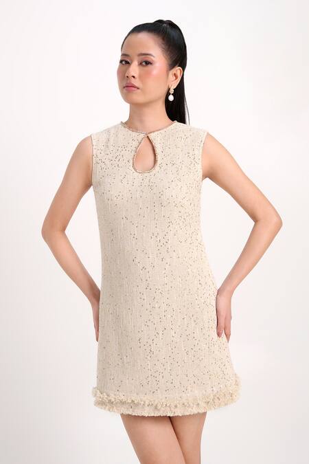 Buy Verano By Tanya Cream Tweed Sequins, Rhinestones Keyhole Neck Grace Short Dress Online at Aza Fashions Buy_Verano By Tanya_Cream Tweed Sequins, Rhinestones Keyhole Neck Grace Short Dress _Online_at_Aza_Fashions