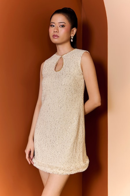 Shop Verano By Tanya Cream Tweed Sequins, Rhinestones Keyhole Neck Grace Short Dress Online at Aza Fashions Shop_Verano By Tanya_Cream Tweed Sequins, Rhinestones Keyhole Neck Grace Short Dress _Online_at_Aza_Fashions