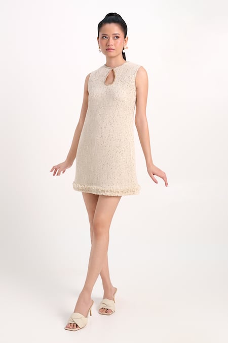 Verano By Tanya Cream Tweed Sequins, Rhinestones Keyhole Neck Grace Short Dress at Aza Fashions Verano By Tanya_Cream Tweed Sequins, Rhinestones Keyhole Neck Grace Short Dress _at_Aza_Fashions