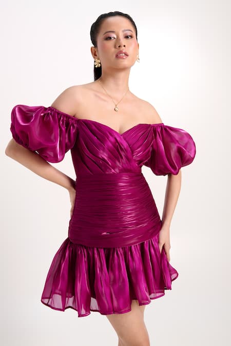 Verano By Tanya_Magenta Organza, Crepe Off-shoulder, Sweetheart Neck Macie Short Dress _at_Aza_Fashions