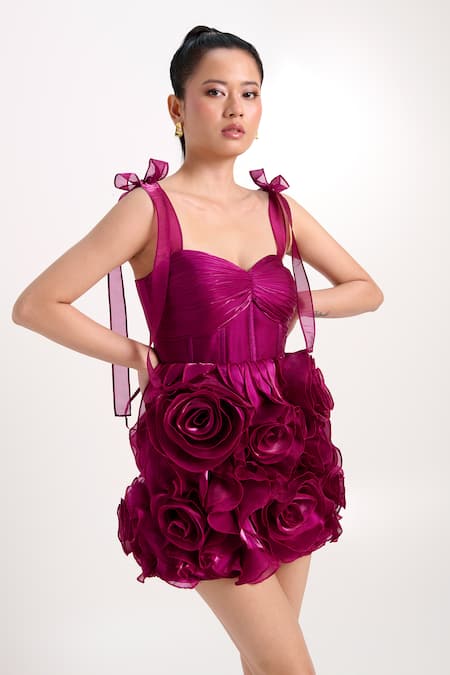 Shop_Verano By Tanya_Purple Organza, Crepe Applique, Fabric Flowers Macie 3d Floral Work Dress _Online_at_Aza_Fashions