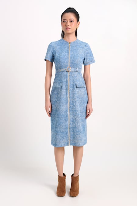 Buy_Verano By Tanya_Blue Denim Buckles, Studs Round Neck Aspen Dress With Belt _Online_at_Aza_Fashions