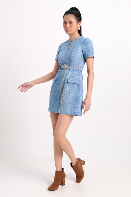Buy_Verano By Tanya_Blue Denim Buckles, Studs Round Neck Aspen Short Dress With Belt _Online_at_Aza_Fashions