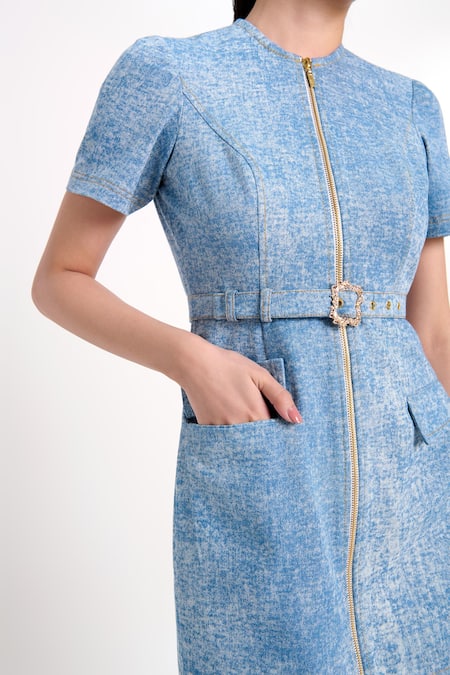 Verano By Tanya_Blue Denim Buckles, Studs Round Neck Aspen Short Dress With Belt _at_Aza_Fashions